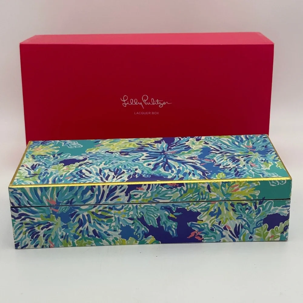 Lilly Pulitzer Lacquer Box Blue Green Floral Keepsake Jewelry Storage Gold Trim